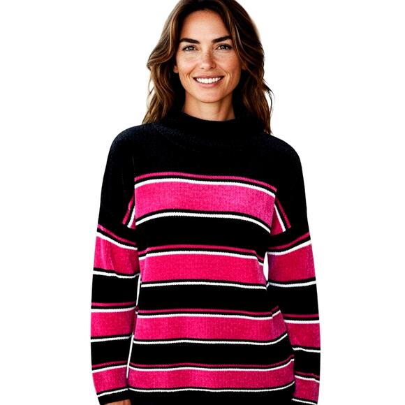 Cabin Creek Large Black Pink Striped Women's Sweater Misses Size 12 14 L - Picture 1 of 5